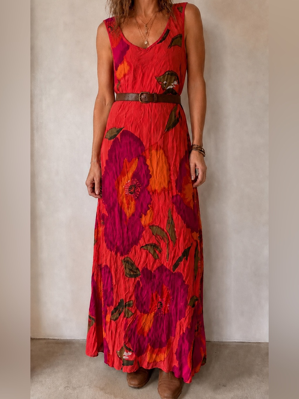 Vintage Floral Crinkle Maxi Dress Lined Boho Medium